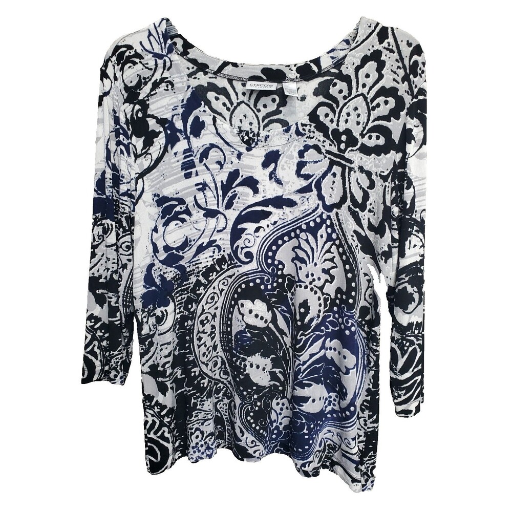 Chicos' Travelers Slinky Knit Scroll Print 3/4 Sleeve Scoop Neck Top Size 3 (XL)